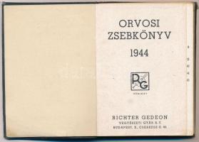 1944 Orvosi zsebkönyv, Richter Gedeon Vegyészeti Gyár Rt., benne a Richter gyár látképe és készítményeinek jegyzéke. Bp., Posner-ny. Egészvászon-kötésben, kézzel írt orvosi/gyógyszerészi jegyzetekkel.