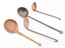 Antik vörösréz konyhai eszközök, 2 merőkanál, 1 szűrő, 1 lapát, h: cca. 55 cm