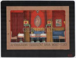 Túri-Polgár István (1884-1980): A Cukrászda fülkefelöli fala, méret 1:20, látványterv, vegyes technika, papír, kartonra kasírozva, jelzett, 18,5x27 cm