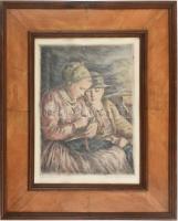 Glatz Oszkár (1872-1958) - Prihoda István (1891-1956): Betűvetés. Színezett rézkarc, papír. Glatz és Prihoda által jelzett. Lap széle kissé sérült. Üvegezett, dekoratív, kissé szúrágta fakeretben. 35x26 cm.
