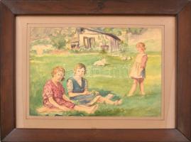 Jelzés nélkül: Gyerekek a réten. Akvarell, ceruza, papír. Üvegezett fakeretben. 25x37,5 cm.