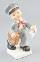 Gránit porcelán postás kisfiú figura, kézzel festett, jelzett, kis kopásnyomokkal, m: 16,5 cm