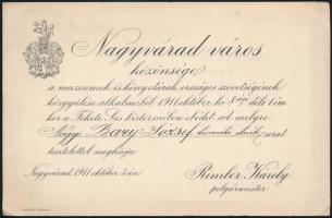 1911 Bary József (1858-1915) nagyváradi kir. törvényszéki elnök részére szóló "Múzeumok és Könyvtárak Országos Szövetségének" közgyűlése alkalmából rendezett nagyváradi díszebéd meghívója, címeres kártyán. Bary József később kúriai bíró, a tiszaeszlári per vizsgálóbírója.