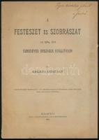 Keleti Gusztáv: A festészet és szobrászat az 1896. évi Ezredéves Országos Kiállításon. A szerző, Keleti Gusztáv (1834-1902) festő, grafikus, műkritikus, MTA tag, a Magyar Iparművészeti Főiskola, majd a Magyar Képzőművészeti Főiskola egykori rektorának DEDIKÁCIÓJÁVAL. Bp., 1896, Pesti Könyvnyomda Rt., 75 p. Kiadói papírkötés, kissé foltos borítóval.   A szerző, Keleti Gusztáv (1834-1902) festő, grafikus, műkritikus, MTA tag, a Magyar Képzőművészeti Főiskola egykori rektorának DEDIKÁCIÓJÁVAL.