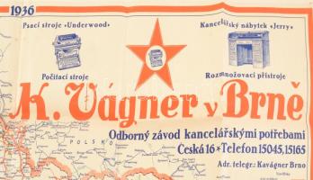 1936 1936-os naptár, rajta Csehszlovákia térképével, cseh nyelven, hajtott, két kis lyukkal, kis sza...