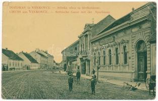 1914 Vinkovce, Vinkovci; Srbska ulica sa stedionicom / Serbische Gasse mit der Sparkassa / Szerb utca, Takarékpénztár. W.L. Bp. 742. / street view, savings bank (EB)