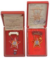 1955. Szakma kiváló dolgozója - Gépipar aranyozott, Rákosi-címeres zománcozott kitüntetés hátlapon 100120 sorszámmal, miniatűrrel, igazolvánnyal, eredeti tokban + Kiváló Dolgozó Rákosi-címeres zománcozott fém kitüntetés miniatűrrel T:2