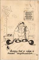 1941 Avagy hol a vége a hosszú dugóhúzónak... Második világháborús humoros katonai lap, börtönben Mickey egérrel / WWII Hungarian military art postcard, humour, soldier in prison with Mickey Mouse s: Ágoston (EB)