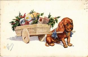 1916 Dachshund dog with gifts. B.K.W.I. 3099-3. s: K. Feiertag (b)