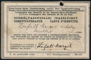 cca 1927 Duna-Száva-Adria vasúttársaság fényképes igazolvány