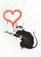 Banksy: Love rat. Ofszet litográfia, papír, jelzett a nyomaton, POW Printmakingszárazpecséttel Grafiart - Aviomar UK. tanúsítvánnyal. Számozott: 81/150. Képméret: 55x37 cm. Lapméret: 70x50 cm / Numbered, marked