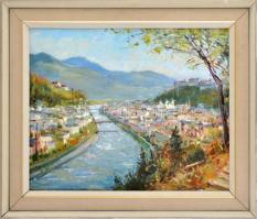 Jelzés nélkül: Salzburg látképe. Olaj, farost, fakeretben. 38x46 cm.