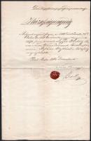1862 Szab. Kir. Pestvárosi Poroszlói Század Parancsnokságának házassági engedélye, viaszpecséttel, Pest város hadnagyának aláírásával.