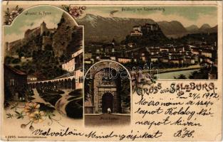 1902 Salzburg, Friedhof St. Peter, Neuthor, Salzburg vom Kapuzinerberg / cemetery, castle gate, general view. Kunstanstalt Lautz & Isenbeck Art Nouveau, floral, litho (small tear)