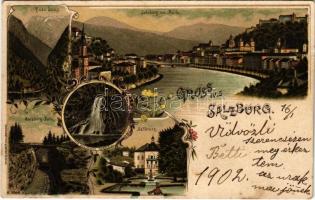 1902 Salzburg, Pass Lueg, Gollinger Wasserfall, Gaisberg-Bahn, Hellbrunn, Salzburg von Mülln / mountain pass, waterfall, railway line. Kunstanstalt Lautz & Isenbeck Art Nouveau, floral, litho (small tear)