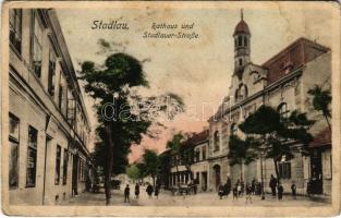 1914 Wien, Vienna, Bécs XXII. Donaustadt; Stadlau, Rathaus und Stadlauer-Straße / town hall, street view, shops (fa)