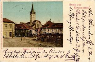 1903 Nagyszeben, Hermannstadt, Sibiu; Saggasse und ev. Kirche / Zsák utca, Evangélikus templom, piac, szálloda, üzletek. Jos. Drotleff kiadása / street view, Lutheran church, market, hotel, shops (fl)