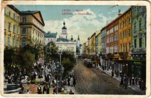 1915 Lviv, Lwów, Lemberg; Rynek / square, market, tram, shop of Adolf Auerbach (worn corners)