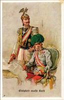 Einigkeit macht Stark / Wilhelm II, Franz Joseph I of Austria. WWI German and Austro-Hungarian K.u.K. military art postcard, Viribus Unitis propaganda. M. Munk Wien Nr. 924.