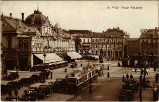 Nice, Nizza; Place Masséna / square, tram, pharmacy, automobiles (EK)