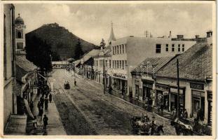 Huszt, Chust, Khust; Masarykova ul. / Masaryk utca, Bata, Heinfeld, Rosenthal Sámuel üzlete, vár / street view, shops, castle (EK)