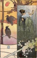 Art Nouveau, litho art postcard + 4 fillér Ga. (vágott / cut)