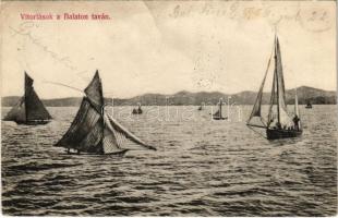 1906 Balaton, vitorlások a Balaton taván. D.K. Bp. 1906.-1059. (fa)