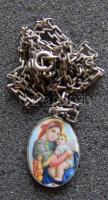 Cca 1800-as évek második fele szép ezüstlánc színes, zománcos medállal "Mária a kis Jézussal" 7,79g
