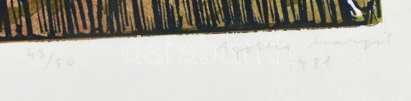 Ágotha Margit (1938-2015 ): Ördögszekér. Linómetszet, papír. Jelzett. Számozott 43/50. Lap alja sérü...