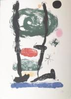 Joan Miró (1893-1983): Offszet-litográfia. papír. Sorszámozott, nyomtatott jelzéssel 18/150 Aviomar SPA tanusítvánnyal. Egyik sarkán képet nem érő gyűrődéssel. 76x56 cm / one corner creased
