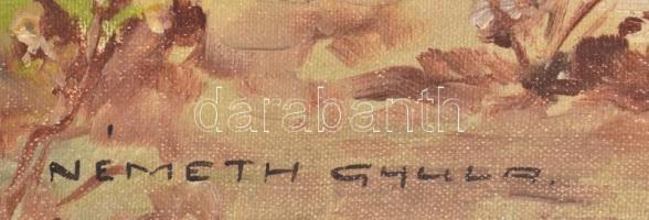 Németh Gyula jelzéssel: Vágtató ménes csikósokkal. Olaj, vászon. Dekoratív, sérült fakeretben, 60×80...