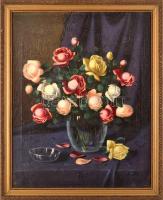Olvashatatlan jelzéssel: Csendélet rózsákkal. Olaj, vászon. Dekoratív, kissé sérült fakeretben, 68×55 cm.
