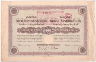 Ausztria / Bécs 1922. Britisch-Österreichischen Bank und Handels-Aktiengesellschaft részvénye 400K-ról, felülbélyegzésekkel, szelvényekkel T:II- / Austria / Wien 1922. Britisch-Österreichischen Bank und Handels-Aktiengesellschaft share about 400 Corona, with overprints and coupons C:VF