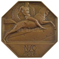 Göröntsér Greff Lajos (1888-1976) ~1920. "NSC (Nemzeti Sport Club) 1906" nyolcszögletű bronz lovassport plakett (46x46mm) T:1- / Hungary ~1920. "NSC (Nemzeti Sport Club) 1906" octagonal-shaped bronze horse sports plaque. Sign.: Lajos Göröntsér Greff (1888-1976) (46x46mm) C:AU HP 2623