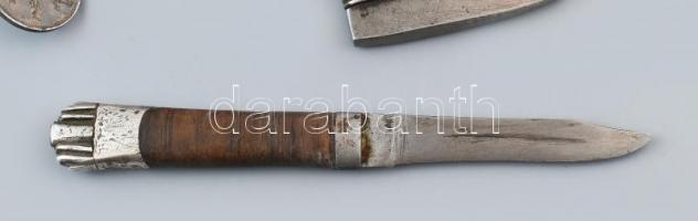 Mongol kés, ezüst (Ag) végű markolattal, ezüstveretes bőr hüvellyel, h: 21 cm, rajta ezüst lánc, fen...