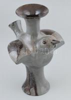 Lőrincz Győző (1940-): Madaras váza. Kerámia, mázhibákkal, csőrén lepattanással. Jelzett, m: 29 cm