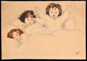 D Emil jelzéssel: Három gyerek az ágyban, 1925. Akvarell, papír. 20x28 cm