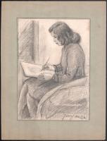 Pataky Ferenc (1897-1962): Rajzoló lány, 1956. Ceruza, papír. Papírra ragasztva. 24x17 cm