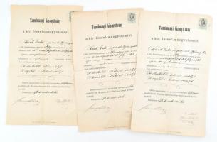 1876 3 db M. Kir. József-Műegyetemi tanulmányi bizonyítvány, 3 db 15 kr okmánybélyeggel, aláírásokkal, javítottak.