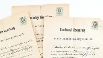1876 3 db M. Kir. József-Műegyetemi tanulmányi bizonyítvány, 3 db 15 kr okmánybélyeggel, aláírásokka...