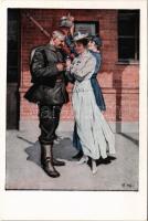 Vor der Abfahrt. Kriegspostkarten von B. Wennerberg Nr. 8. / WWI German military art postcard, officer with ladies s: B.W.
