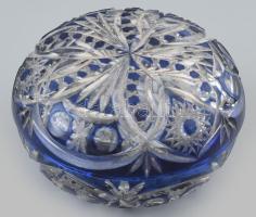 Dúsan csiszolt ólomkristály kék bonbonier, kopásnyomokkal, d: 12 cm