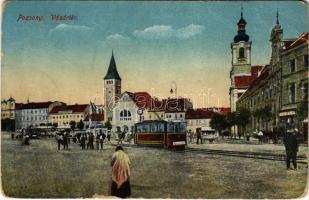 1917 Pozsony, Pressburg, Bratislava; Vásártér, piac, villamos / market square, tram (szakadások / tears)