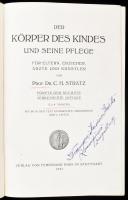 Stratz, [Carl Heinrich]: Der Körper des Kindes und seine Pflege. Für Eltern, Erzieher, Ärzte und Künstler. Stuttgart, 1921, Ferdinand Enke. Ötödik kiadás. Gazdag fekete-fehér képanyaggal illusztrálva. Német nyelven. Félvászon-kötésben, kissé sérült, kopottas borítóval, néhány kissé foltos lappal, tulajdonosi bejegyzéssel.