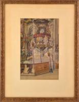 Leszkovszky György (1891-1968): Templombelső, 1915. Akvarell, papír. Jelzett. Dekoratív, üvegezett, kissé sérült fakeretben. 36,5x22 cm