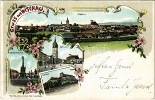1901 Vyskov, Wischau; Hlg. Maria-Statue, Rathaus, Schloss / Mary statue, town hall, castle. Lit. Th. Böhm Art Nouveau, floral, litho (EK)