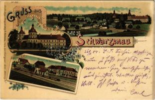 1902 Schwarzenau, Schloss, Bahnhof mit Restauration / castle, railway station, restaurant. Regel & Krug Art Nouveau, floral, litho (fa)
