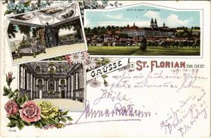 1899 (Vorläufer) Sankt Florian, Stift & Markt, Prinz Eugen Zimmer, Marmorsaal / abbey, interiors. Art Nouveau, floral, litho (EK)