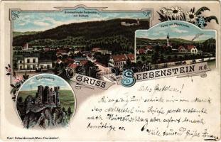 1898 (Vorläufer) Seebenstein, Türkensturz, Sommerfrische Seebenstein m. Schloss, Partie mit Pfarrkirche. Karl Schwidernoch Art Nouveau, floral, litho (EK)