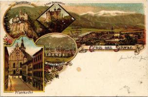 1897 (Vorläufer!) Schwaz (Tirol), Georgenberg, Schloss Sigmundslust, Kloster Fiecht, Pfarrkirche / castle, monastery, church. Art Nouveau, floral, litho (EK)